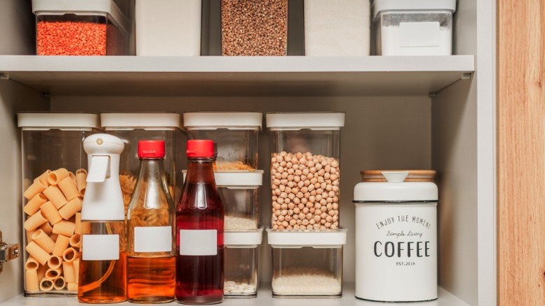 A stocked pantry filled with dried goods.