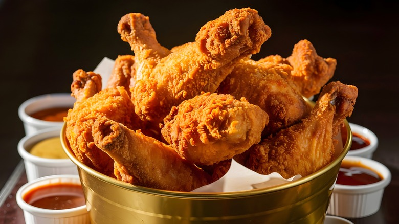 Fried chicken in a gold bucket with dipping sauces