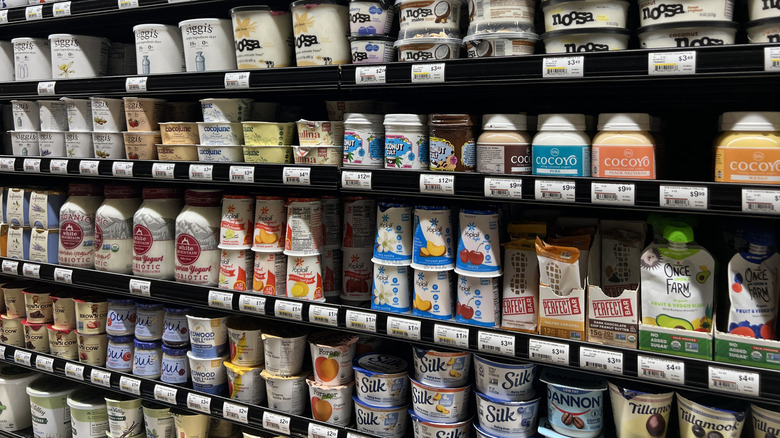 Containers of yogurt on grocery store shelf