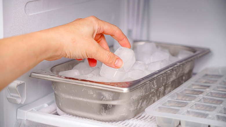 Person taking ice cubes from freezer tray