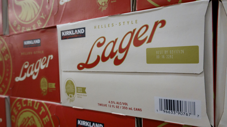 A closeup of the helles-style lager box at Costco, featuring the Kirkland Signature name