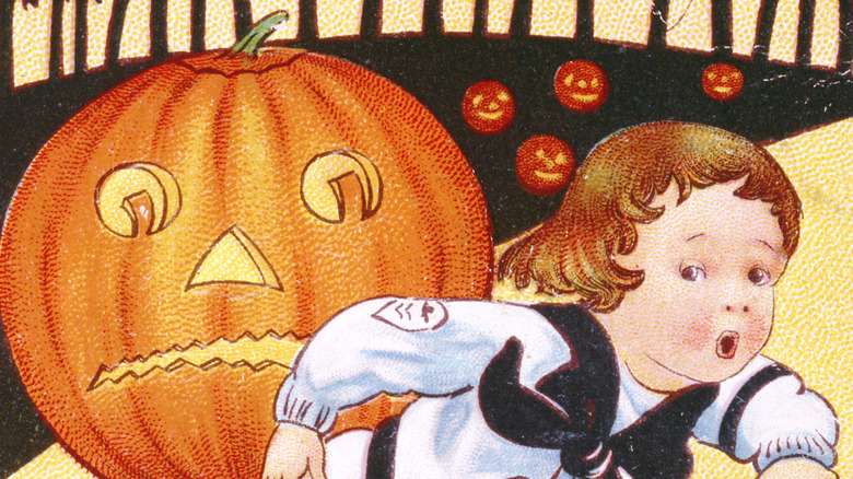 A vintage drawing of a small child running away from a scary jack-o-lantern
