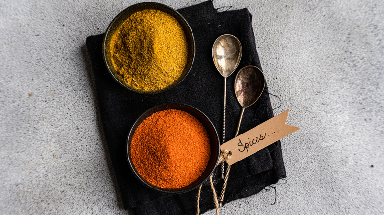Small dishes of paprika and turmeric with two spoons next to them