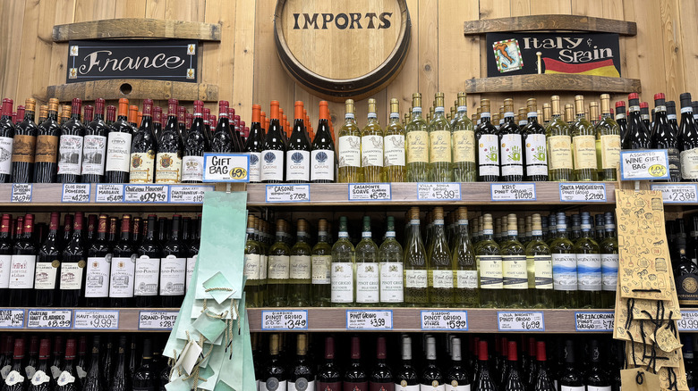 A variety of wine bottles on display at Trader Joe's