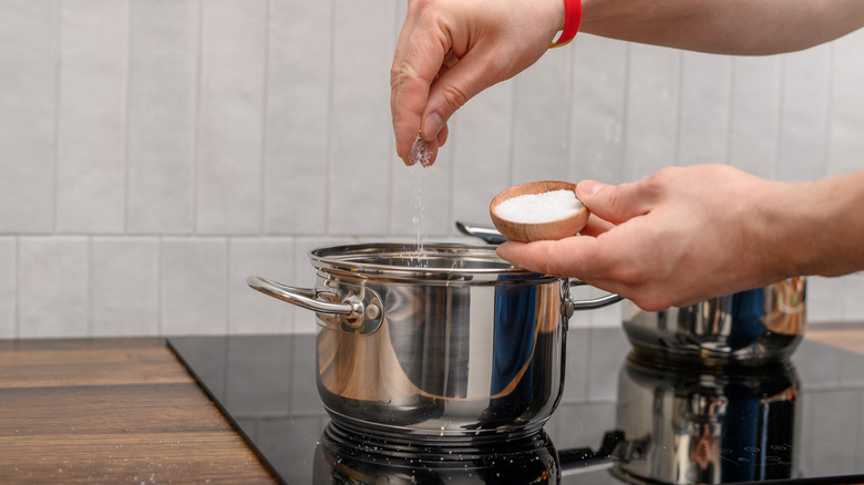 Hands adding salt to a pot on the stovetop