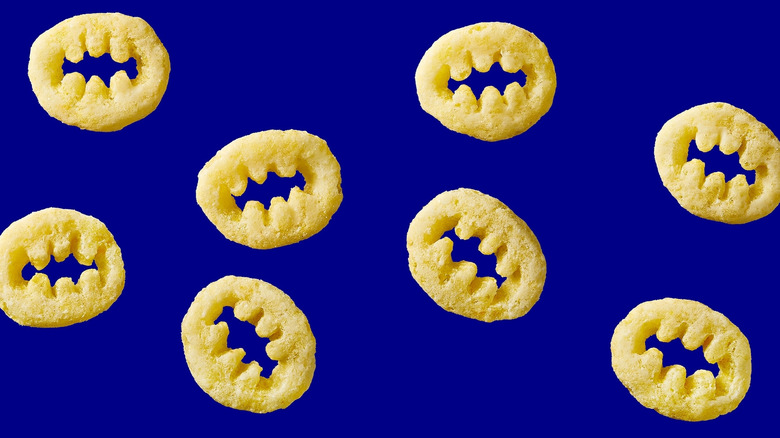 Pirate Booty monster fang shape puffs spread out on a blue background.