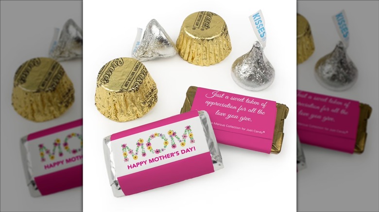 An assortment of Hershey's chocolate with Mother's Day wrapping