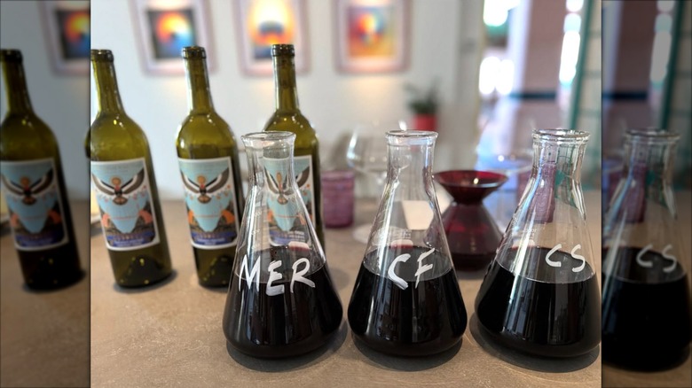 Wine bottles and beakers filled with wine at Extradimensional Wine Co