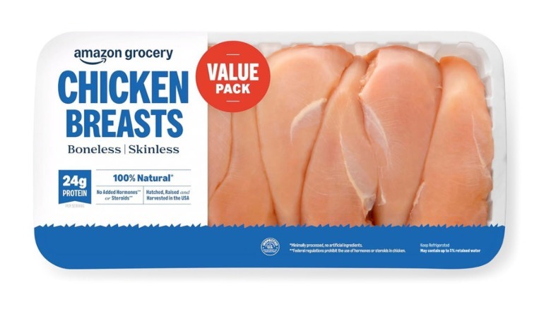 Package of Amazon Grocery Chicken Breast Fillets on a white background