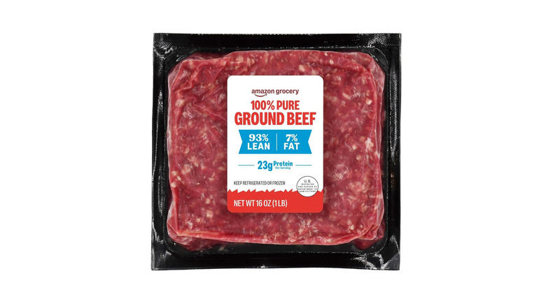 1-pound package of Amazon Grocery 100% Pure Ground Beef on white background