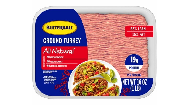 A pack of Butterball Ground Turkey on a white background