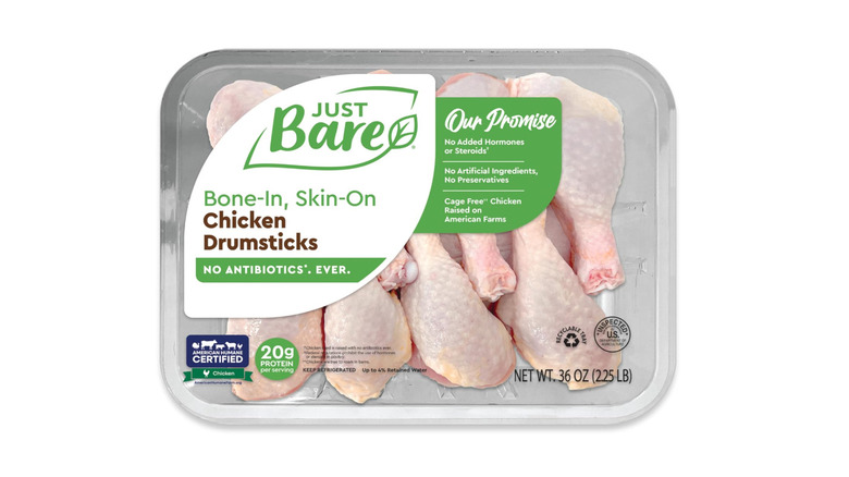 Package of Just Bare Chicken Drumsticks on a white background