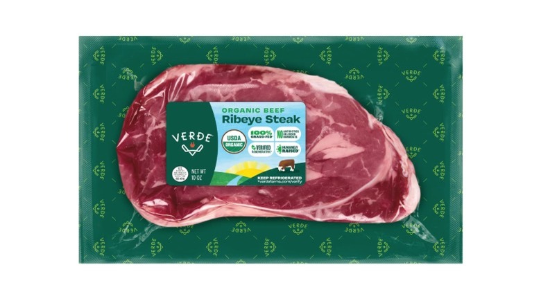 A pack of Verde Farms Organic Ribeye Steak on a white background
