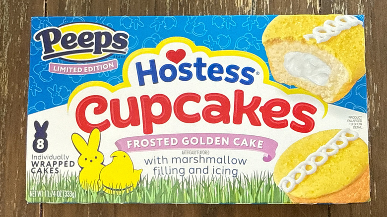 box of Hostess Peeps cupcakes on wooden table