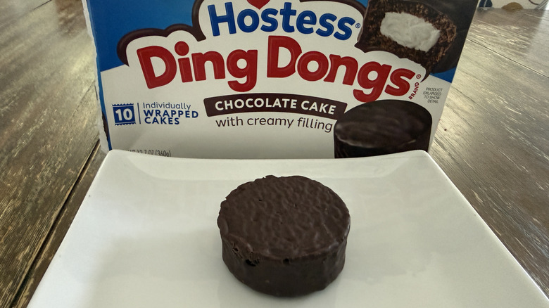 Hostess Ding Dongs on white plate with box in background