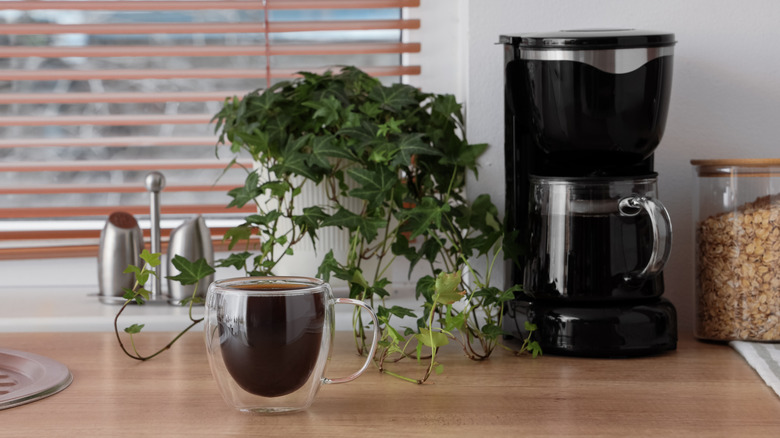 A double-walled coffee mug and a drip coffee maker with a full pot sitting on a wooden kitchen counter.