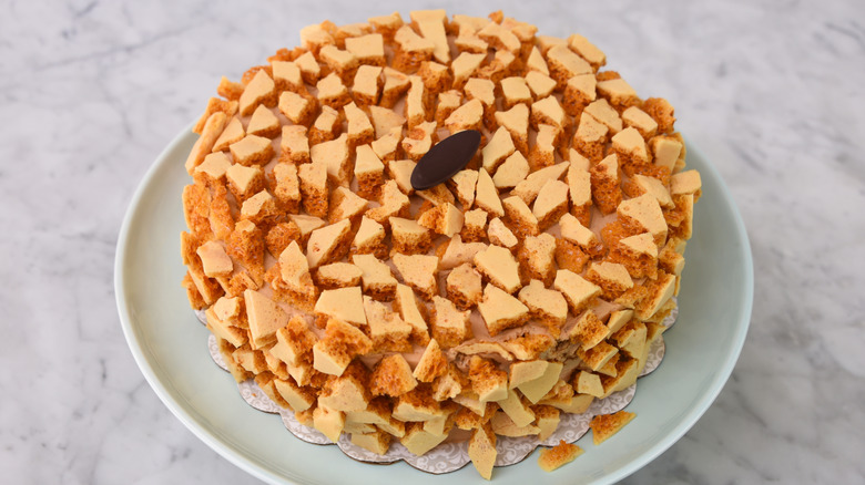A coffee crunch cake garnished with bits of toffee on a pedestal