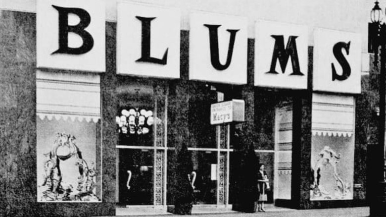 An old black and white photo of Blum's in San Francisco