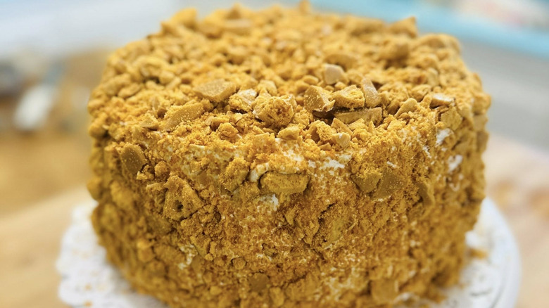 A closeup of a homemade coffee crunch cake