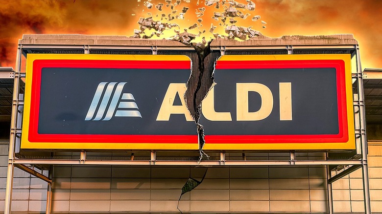 An Aldi sign cracks in half