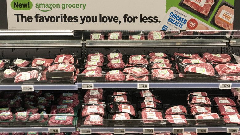 The packaged meat case at an Amazon Fresh grocery store