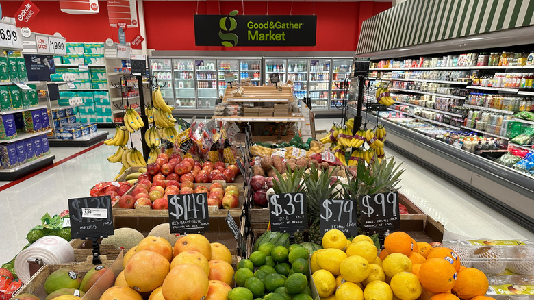 Produce and refrigerated food on display in a Target store