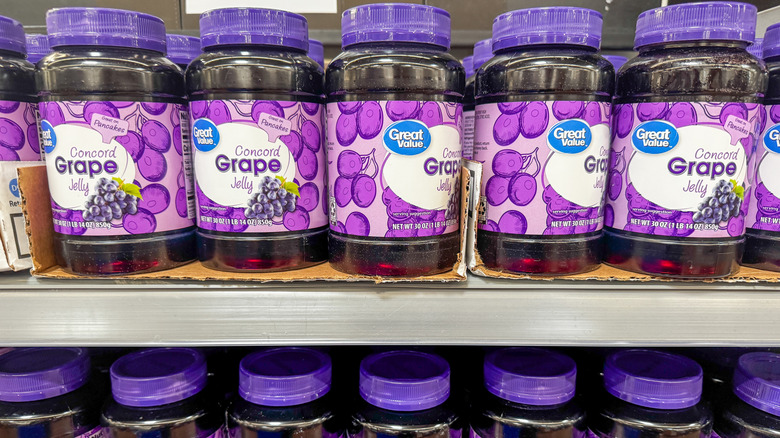 Shelves of Great Value grape jelly