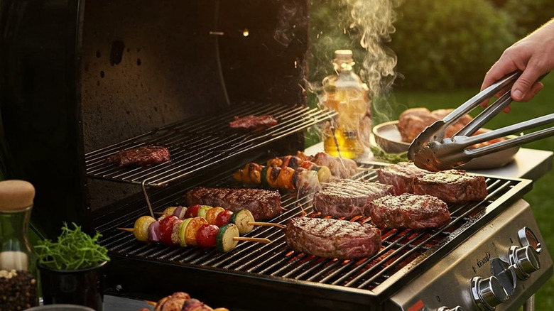 A person grills a variety of delicious meats and vegetable skewers on a gas barbecue in a lush green backyard.