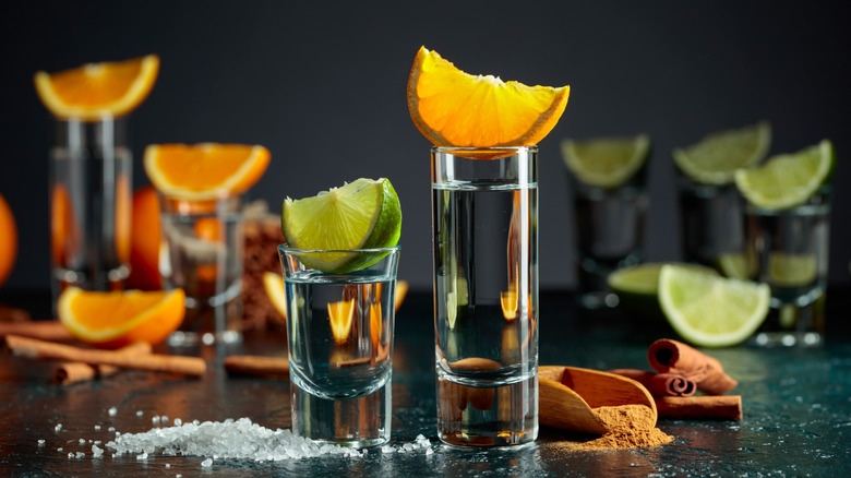 Shots of tequila blanco with orange and lime wedges alongside salt and cinnamon
