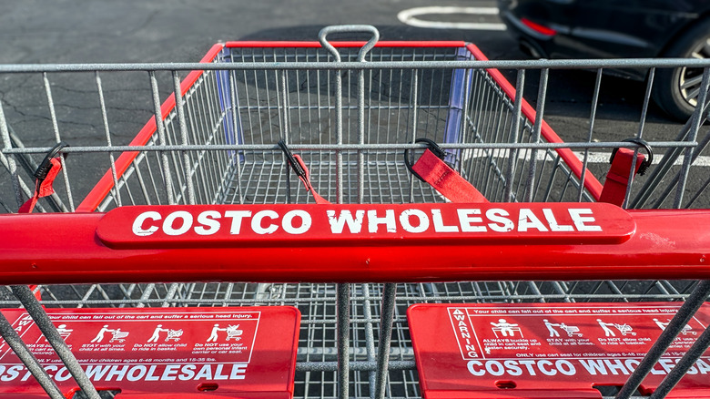 a costco branded shopping cart with red plastic handle in a parking lot