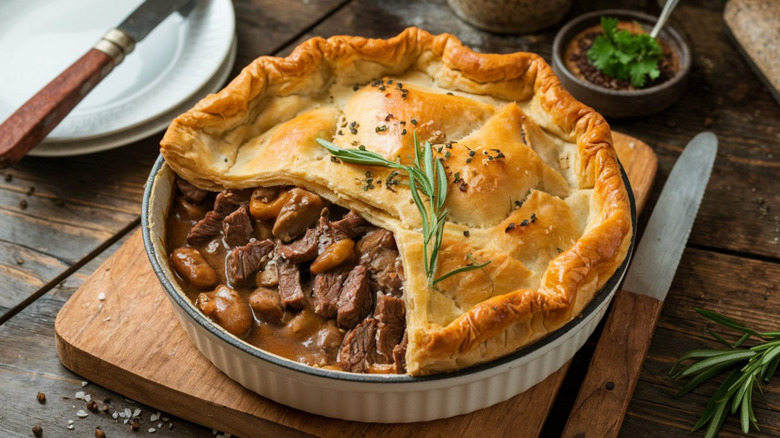 Steak and kidney pie on a wooden block