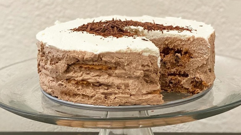 Chocolate mocha icebox cake on glass cake stand