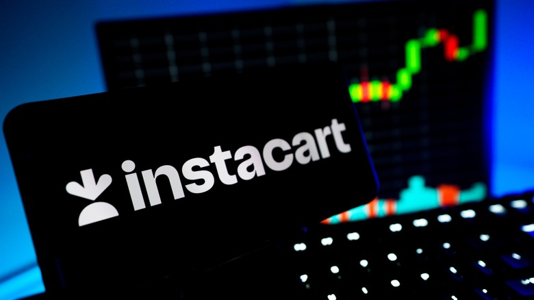 Instacart logo on mobile and desktop screens with stock market charts