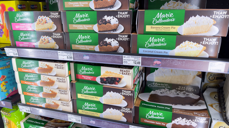 Marie Callender's frozen pies in the freezer section of a supermarket
