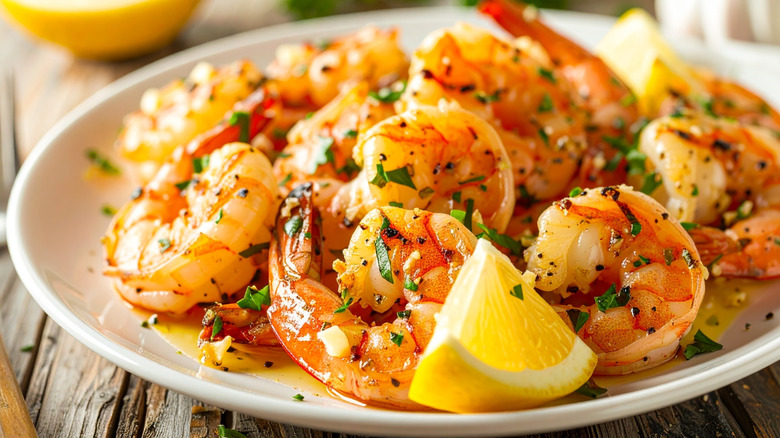 Cooked grilled shrimp with fresh lemon and parsley