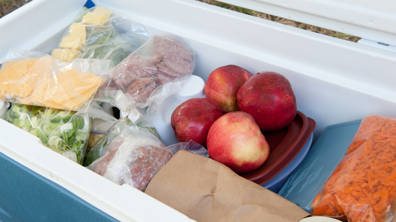 A cooler packed for a camping trip