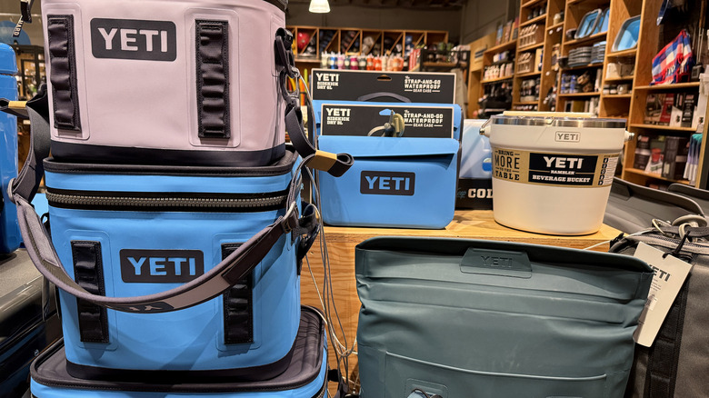Yeti coolers stacked on display in a store