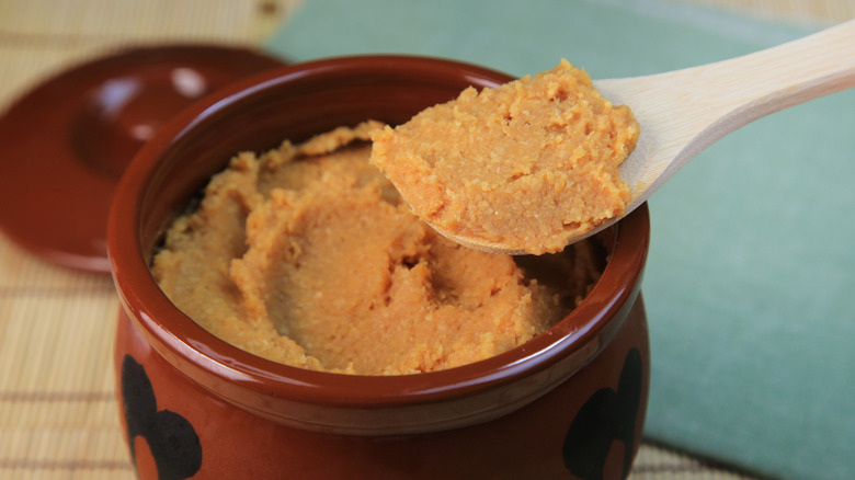 Miso paste in a ceramic pot.