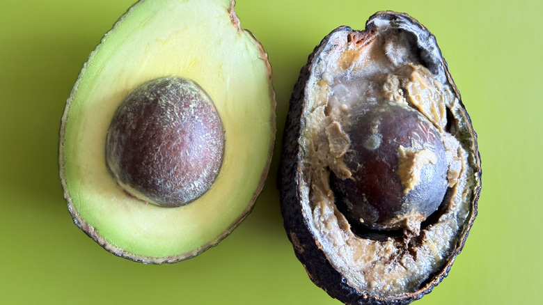 Two avocado halves on a green background, one with ripe green inside and the other with dark mold and a mushy interior.