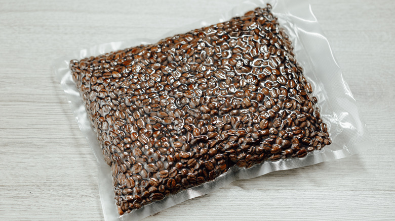 Vacuum-sealed bag of coffee beans