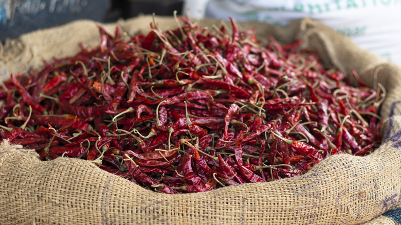 Dried peppers in a burlap sack