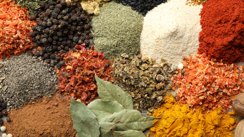 Close-up of assorted spices and dried herbs