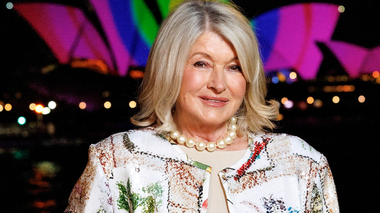 Martha Stewart in pearl necklace and colorful jacket
