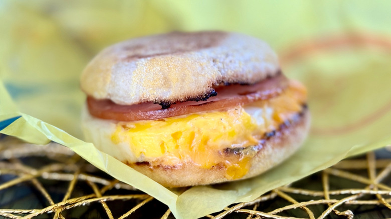 Egg McMuffin unwrapped and sitting its wrapper