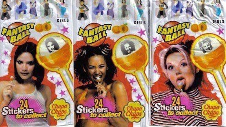 Spice Girls Fantasy Ball lollipop packaging featuring members Victoria, Mel B, and Geri.