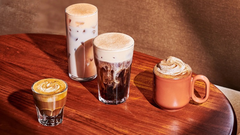 Starbucks fall drinks on a wooden table