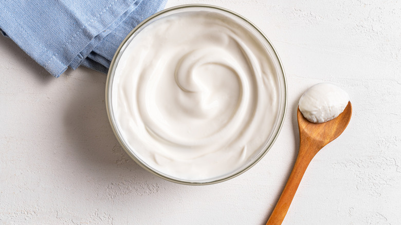 Homemade Greek yogurt in a glass bowl with a wooden spoonful nearby