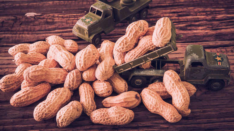 Small toy army trucks pictured with a pile of shell-on peanuts
