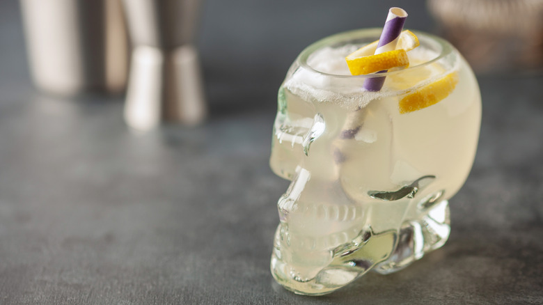 corpse reviver #2 cocktail in a skull-shaped glass