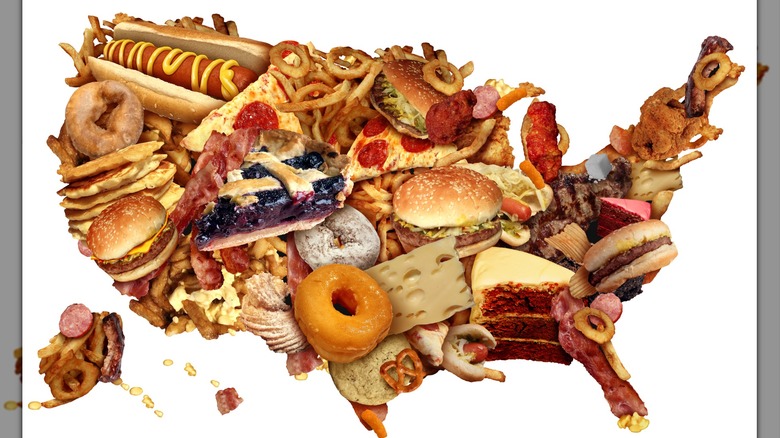 A map of the USA made out of junk food